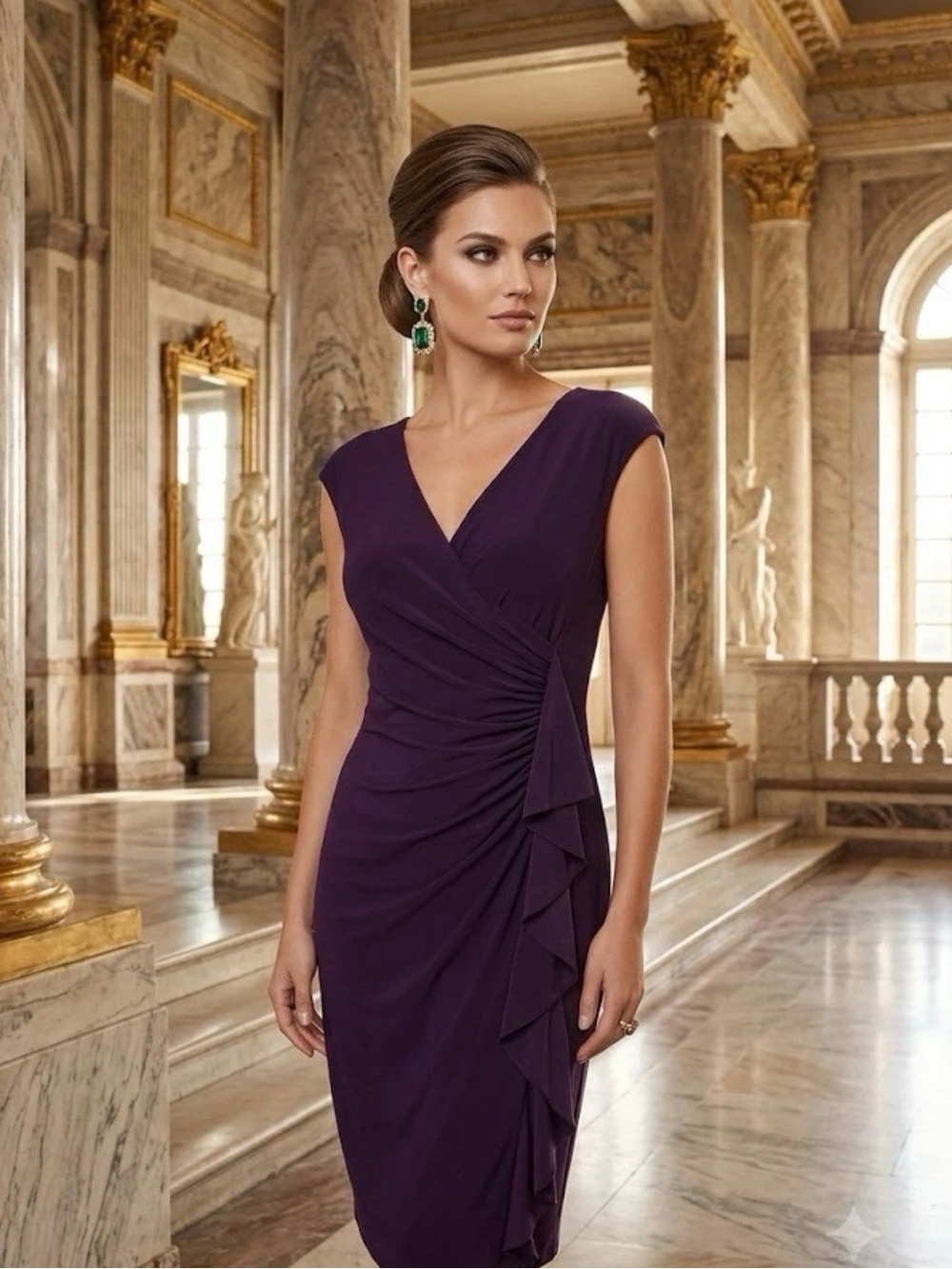Evan Picone Deep Purple V-Neck Ruched Midi Dress